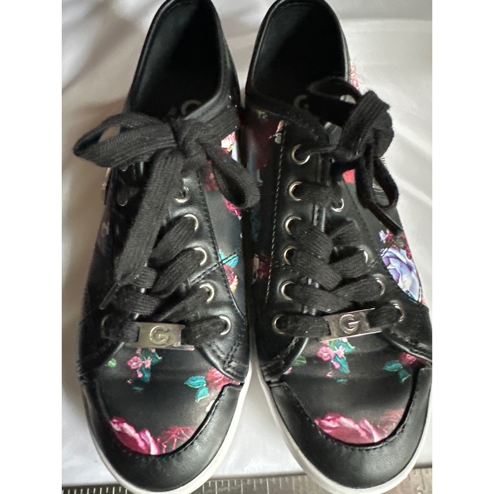 G by GUESS Mallory Womens Floral Sneakers Black Multi Low Top Lace Up Shoes 7M